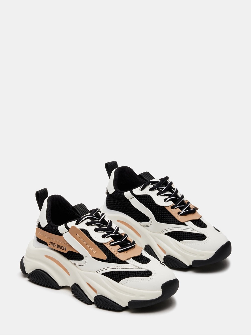 Steve Madden Possession Chunky Trainer Sneakers in White, Black & Tan